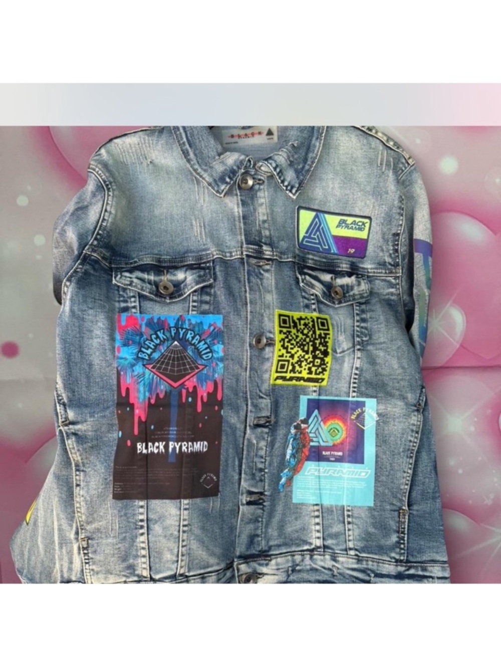 Black Pyramid Light Blue Denim Jacket with Neon Patch Accents